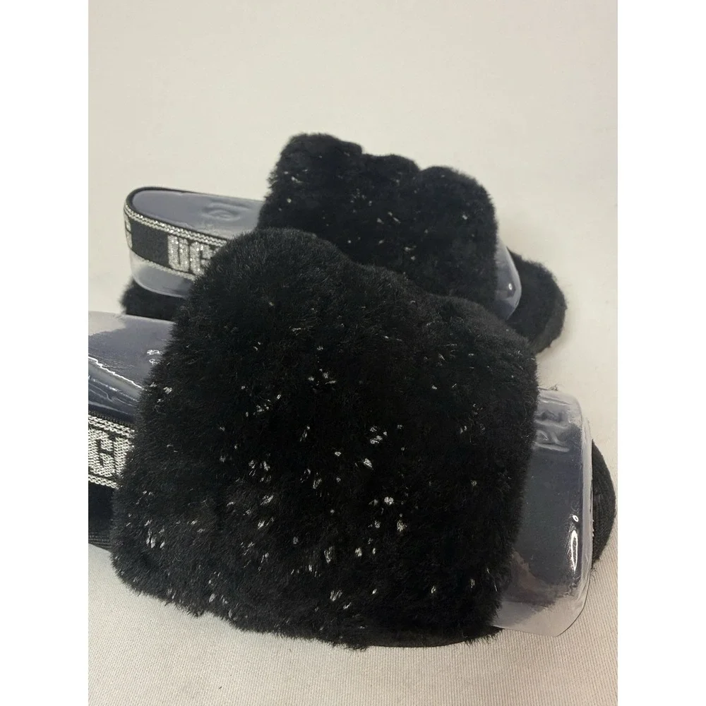 Ugg Fluff Yeah Black Sparkle L Slip On Slide Platform Sandal Girls Size 10